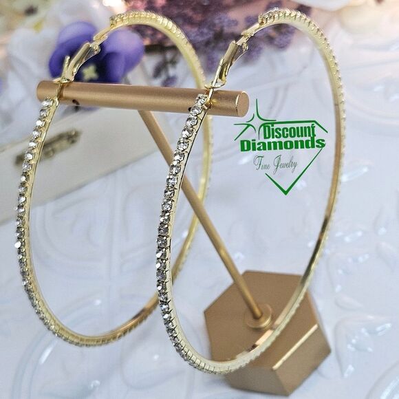 White Baguette Diamond 14K Gold Hoop Earrings 925 Silver - Picture 10 of 14